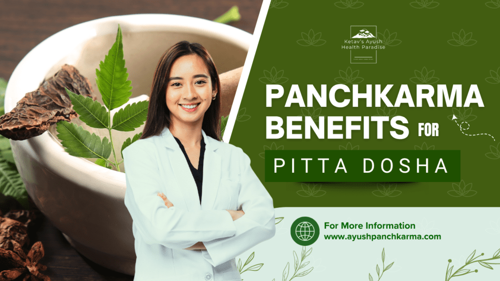 Smiling Ayurvedic practitioner in lab coat with "Panchkarma Benefits for Pitta Dosha" text and herbs.