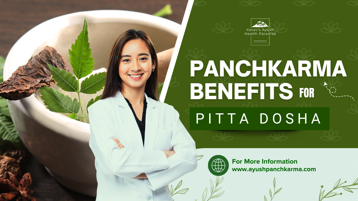 Smiling Ayurvedic practitioner in lab coat with "Panchkarma Benefits for Pitta Dosha" text and herbs.