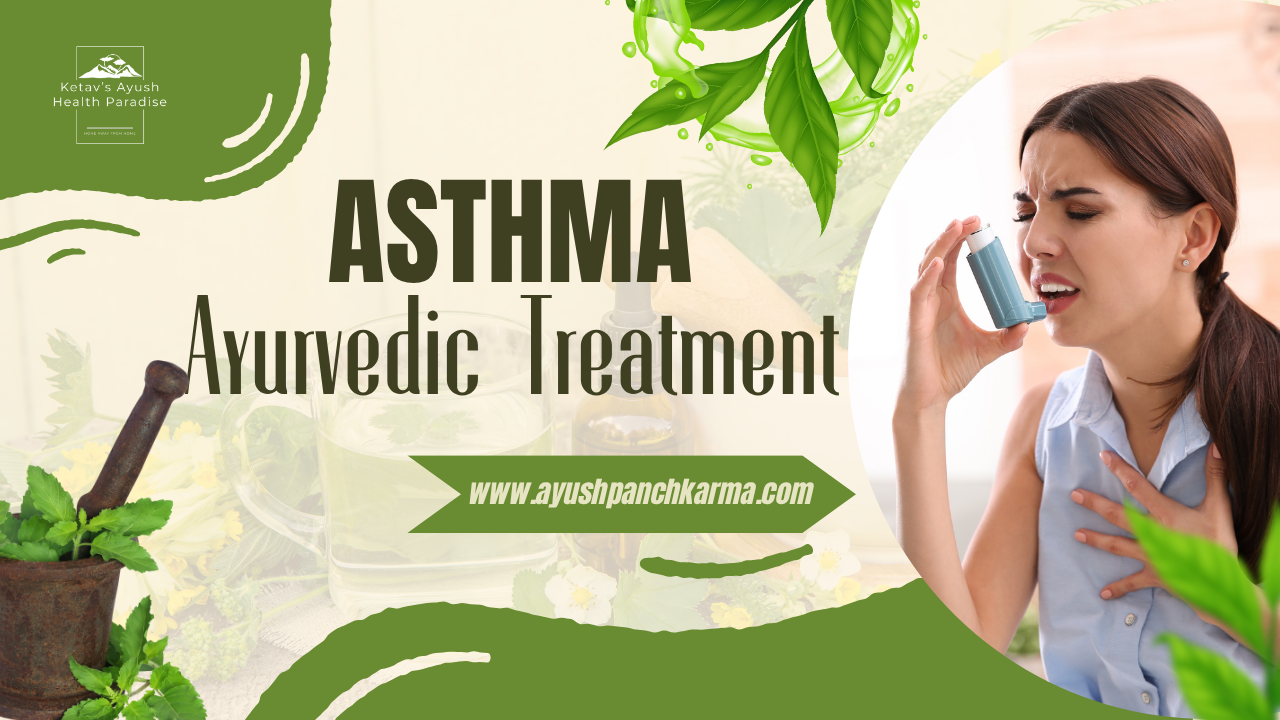 Asthma Ayurvedic Treatment banner with woman using inhaler - Ayush Panchkarma